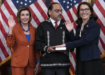 Speaker of the House Nancy Pelosi of Calif., administers the House oath of office to Rep. Mary Peltola, D-Alaska, during a ceremonial swearing-in on Capitol Hill in Washington on Tuesday, Sept. 13, 2022. (Jose Luis Magana/AP)